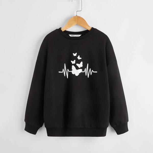 

Girls Butterfly Print Drop Shoulder Pullover, Black