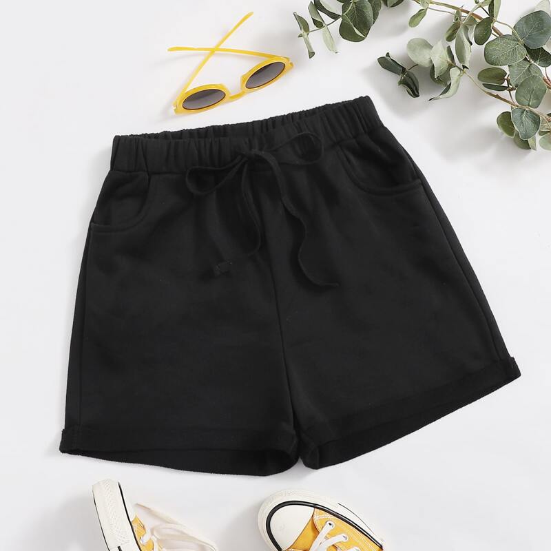 

Drawstring Waist Cuffed Shorts, Black