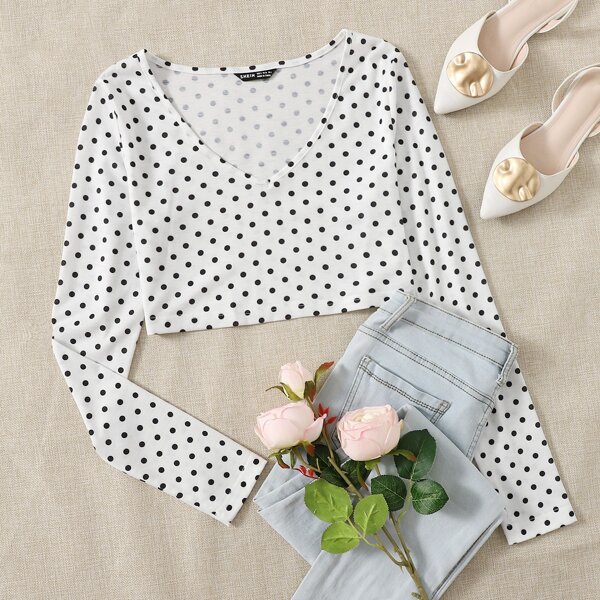 

V-neck Polka Dot Crop Tee, White