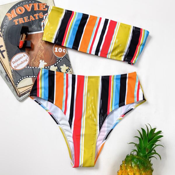 

Colorful Striped Bandeau Bikini Swimsuit, Multicolor