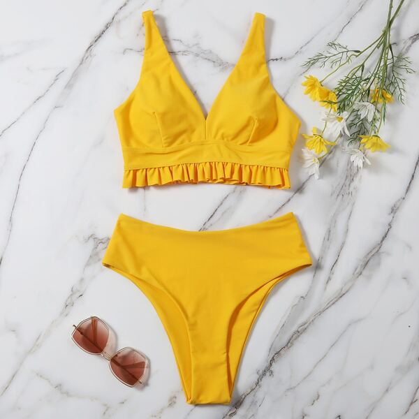 

Frill Trim High Waisted Bikini Swimsuit, Yellow
