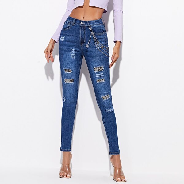 

Chain Detail Ripped Skinny Jeans, Medium wash