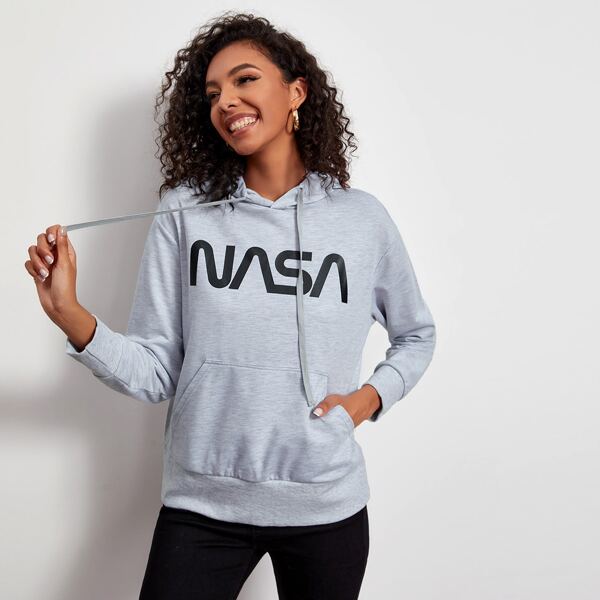 

Letter Graphic Kangaroo Pocket Hoodie, Light grey