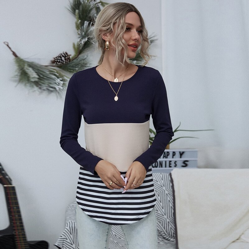 

Colorblock Striped Curved Hem Tee, Multicolor