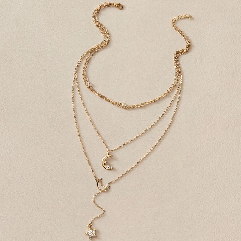 

1pc Moon & Star Rhinestone Layered Necklace, Gold