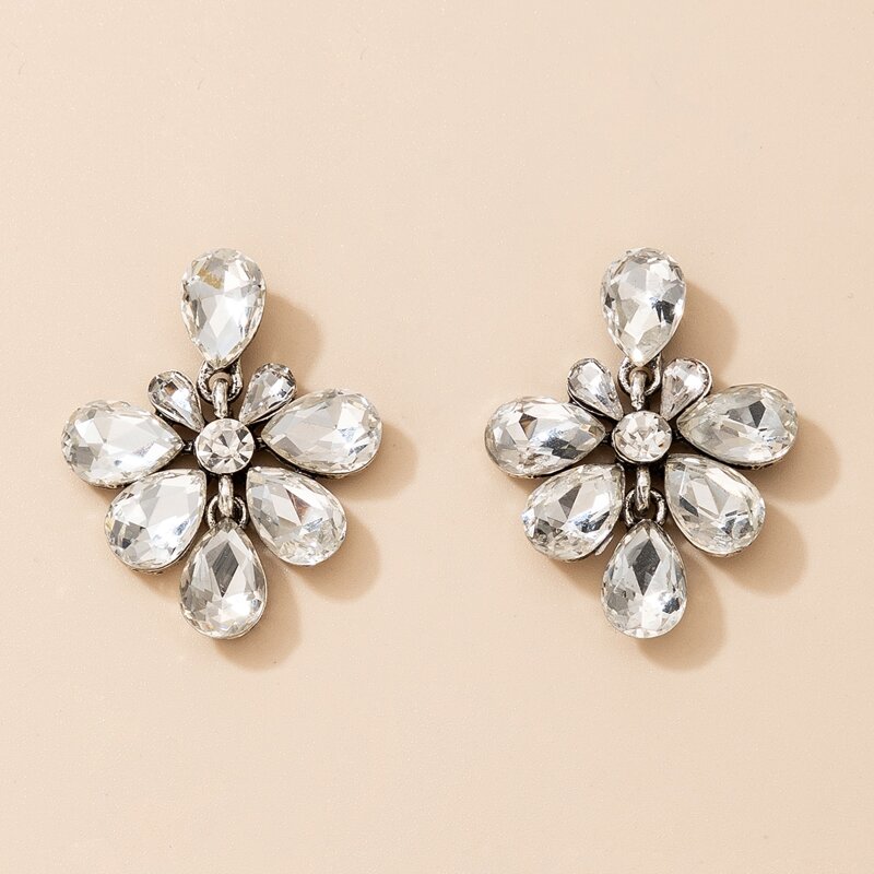 

Rhinestone Flower Earrings, Silver