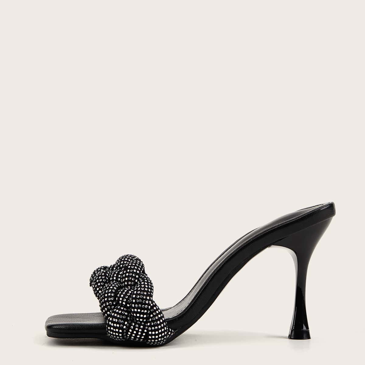 

Rhinestone Detail Braided Spool Heeled Mules, Black