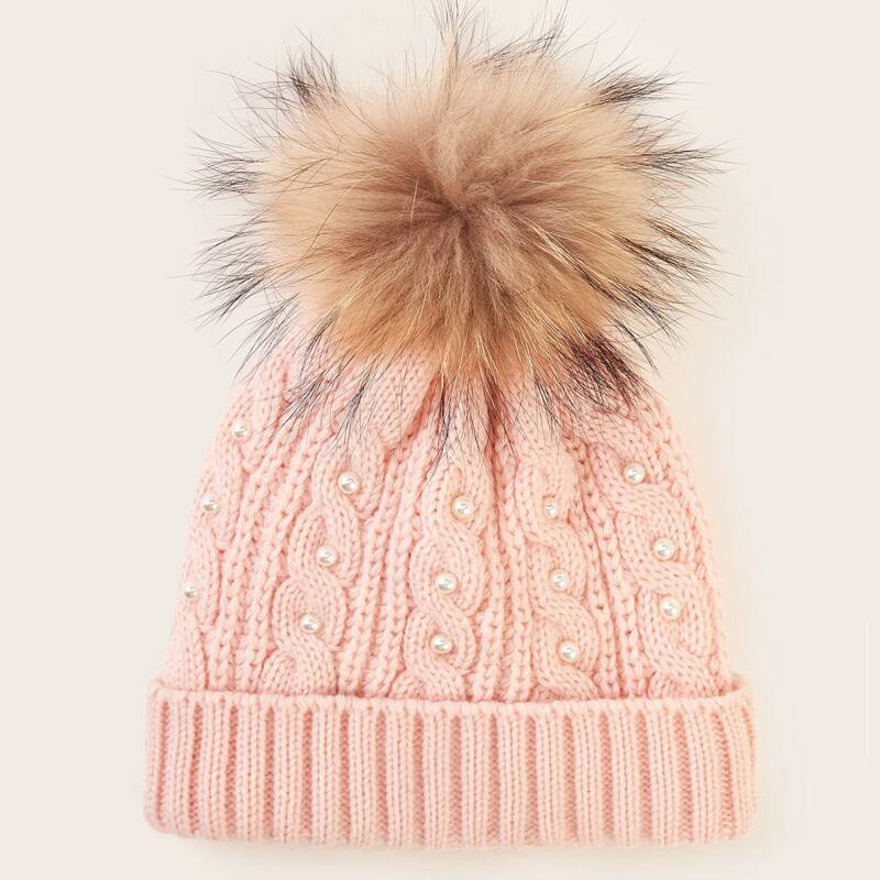

Pom Pom Faux Pearl Decor Beanie, Baby pink