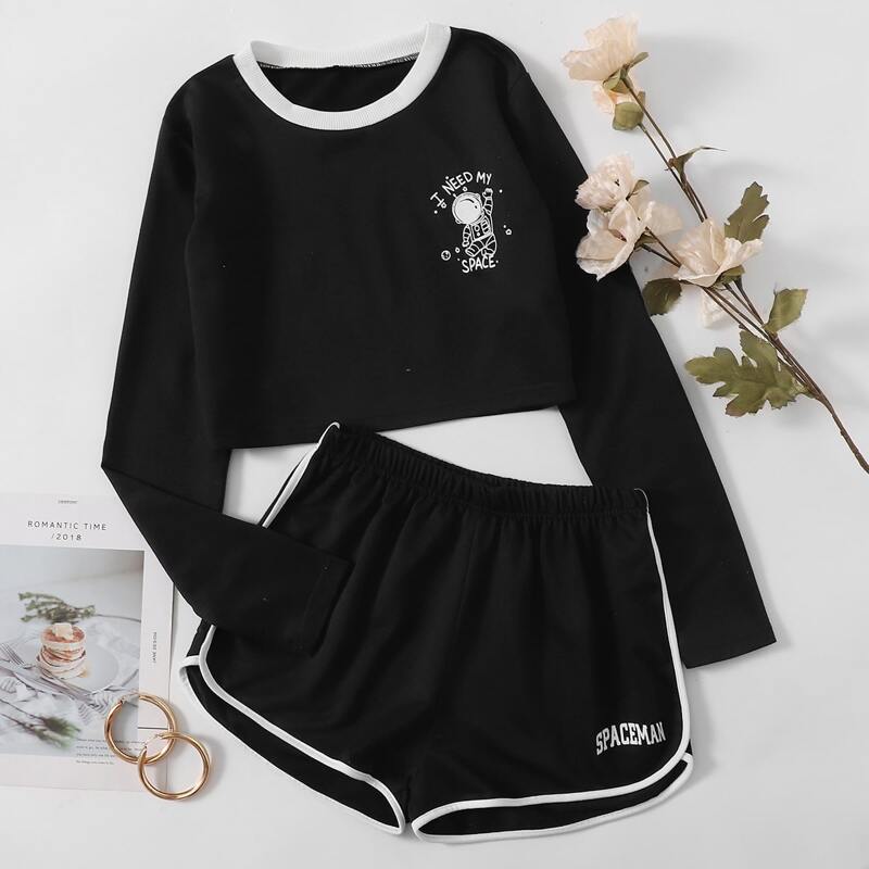 Cartoon Graphic Shorts Lounge Set, Black