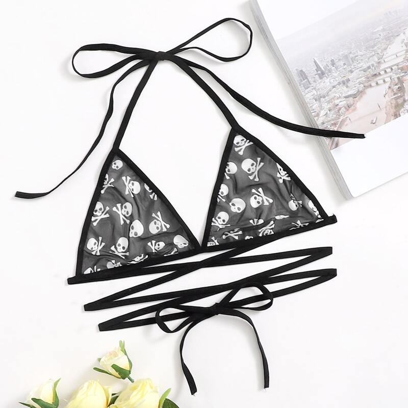 

Halloween Skull Print Crisscross Bralette, Black