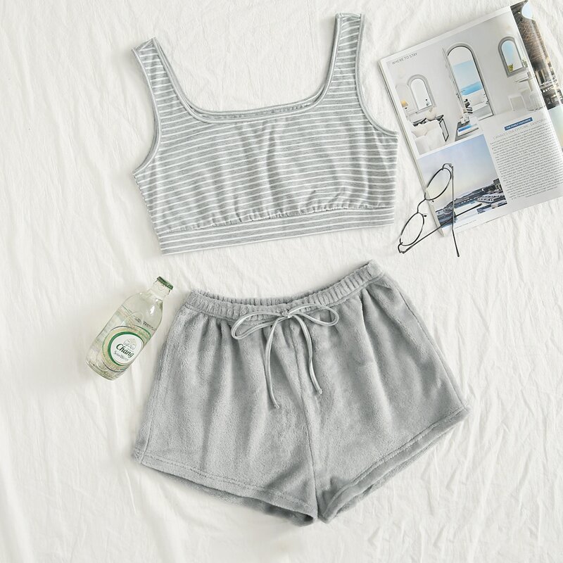 

Striped Tank & Shorts Pajama Set, Light grey