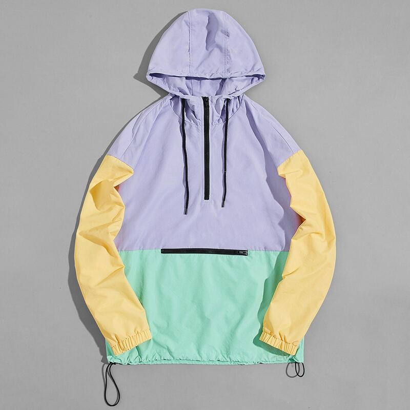 

Guys Colorblock Zip Half Placket Drawstring Hoodie, Multicolor