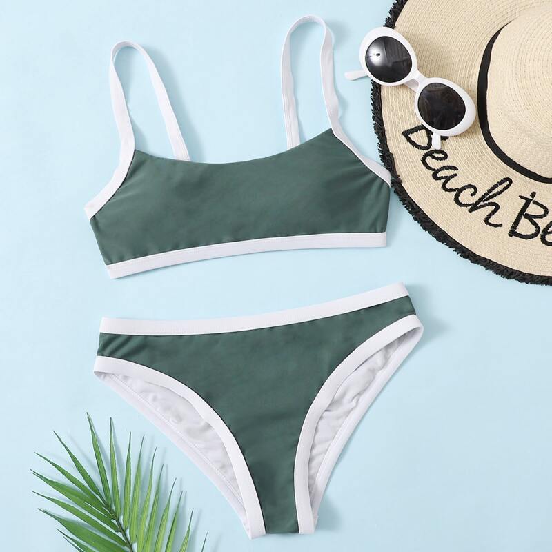 

Contrast Binding Bikini Swimsuit, Green