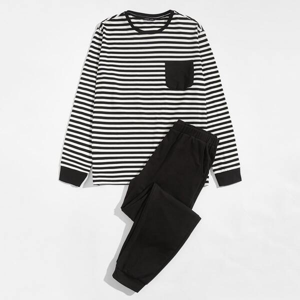 

Men Striped Form Fitting Tee & Sweatpants PJ Set, Black and white