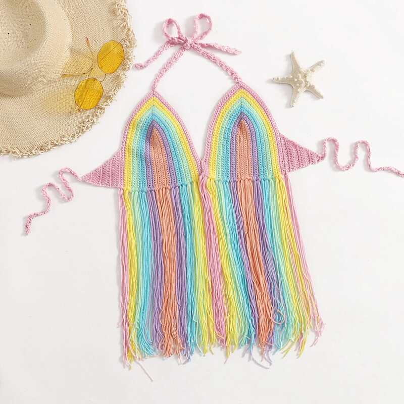 

Colorful Striped Fringe Bikini Top, Multicolor