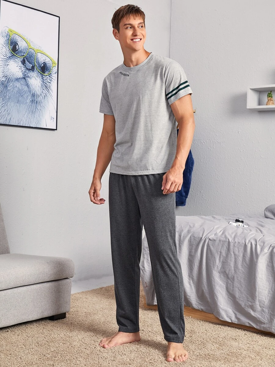 Men Letter Graphic Striped Sleeve PJ Set - Grey - View 1