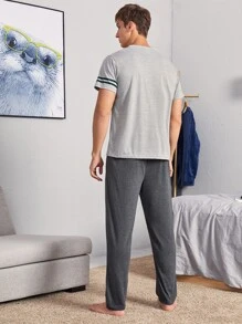 Men Letter Graphic Striped Sleeve PJ Set - Grey - View 2