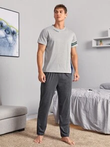 Men Letter Graphic Striped Sleeve PJ Set - Grey - View 3