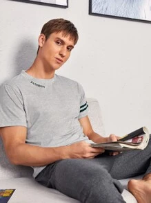 Men Letter Graphic Striped Sleeve PJ Set - Grey - View 4
