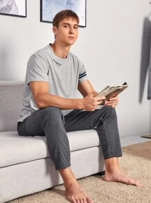 Men Letter Graphic Striped Sleeve PJ Set - Grey - View 5