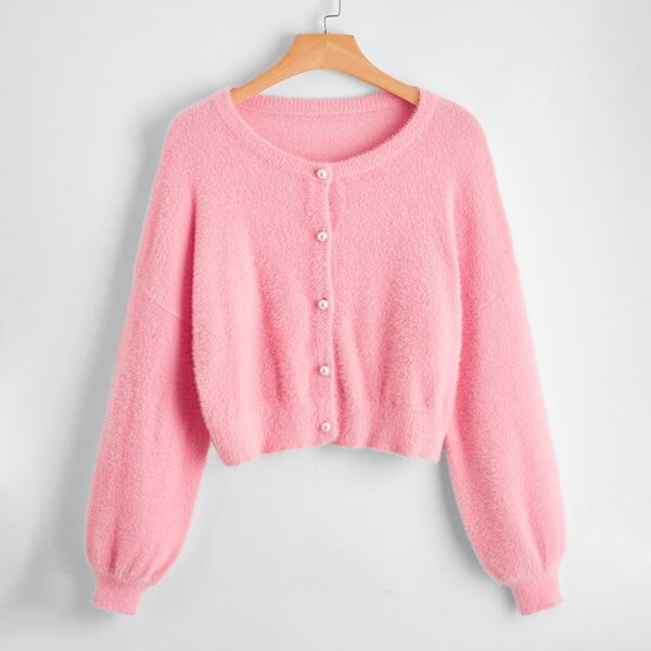

Plus Drop Shoulder Pearl Button Fuzzy Cardigan, Pastel baby pink
