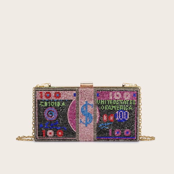 

Rhinestone Money Design Clutch Bag, Black