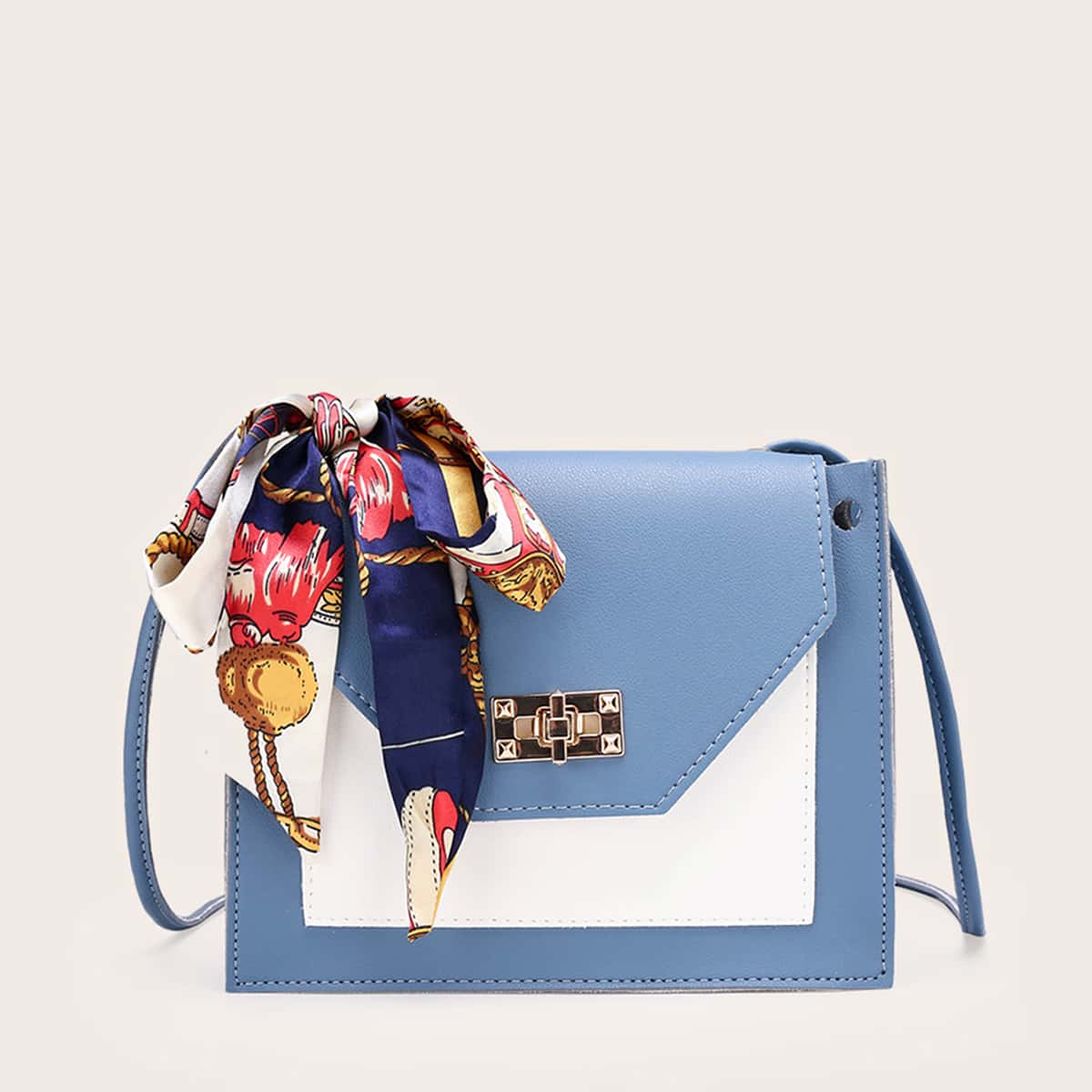 

Random Twilly Scarf Decor Two Tone Crossbody Bag, Blue