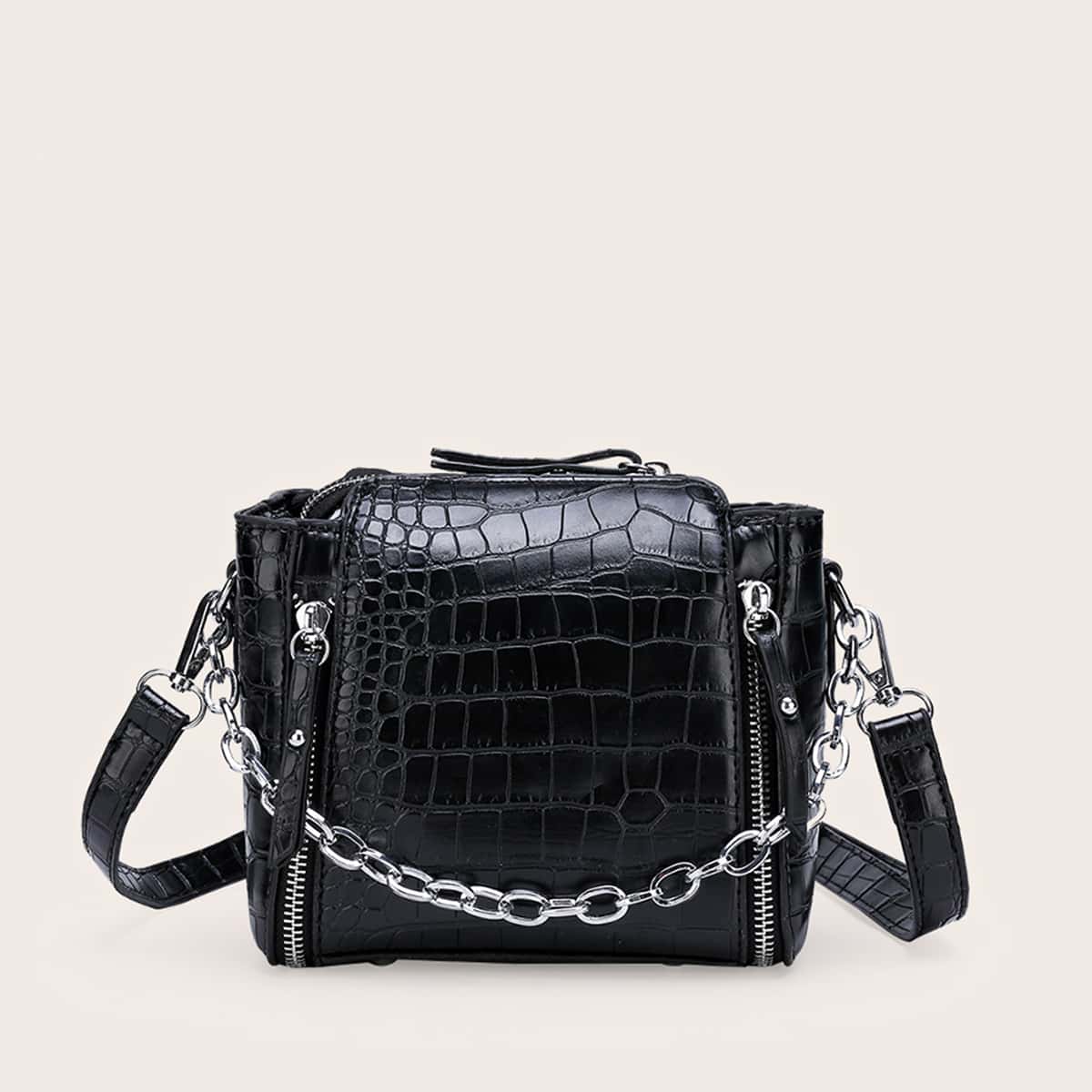 

Croc Embossed Chain Satchel Bag, Black