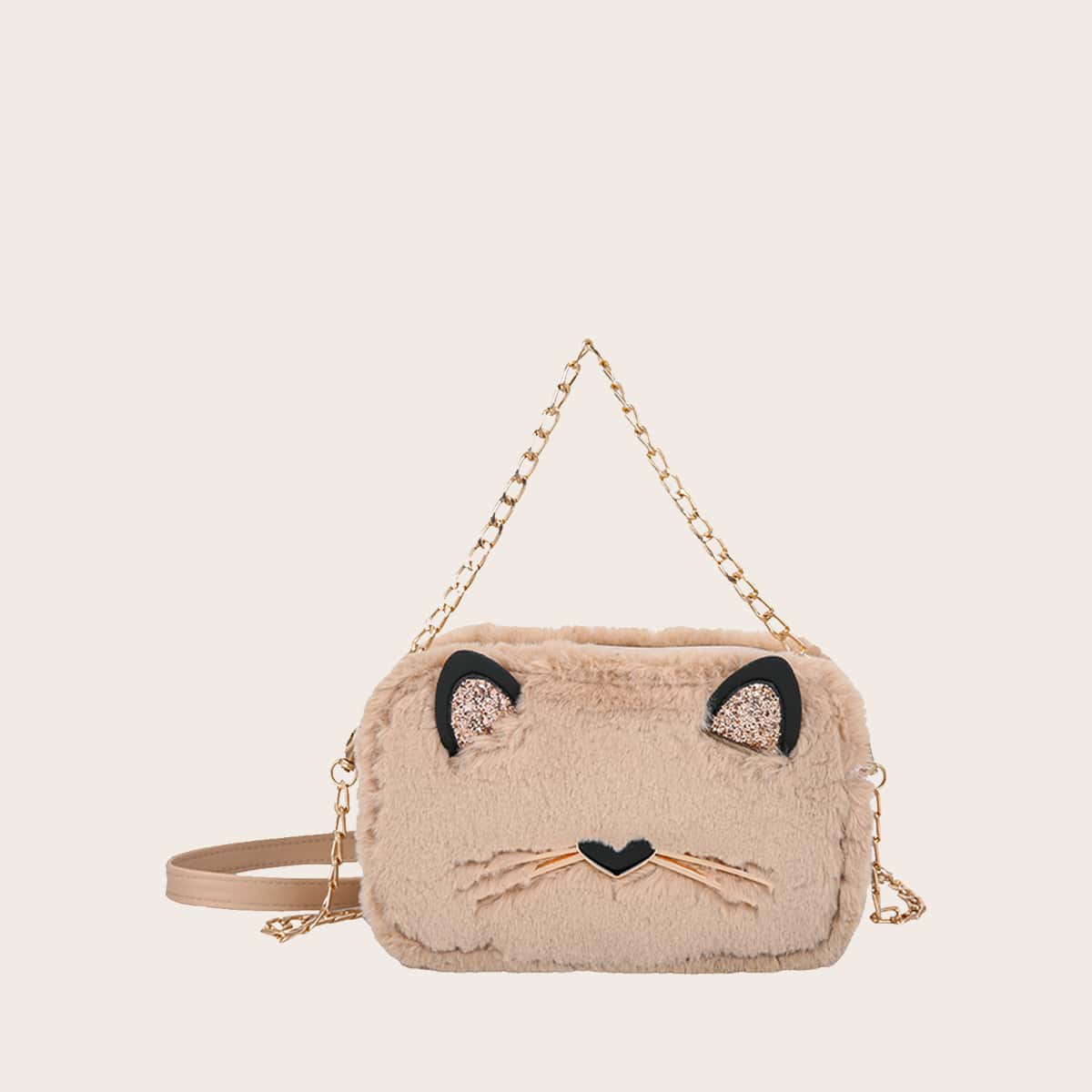 

Faux Fur Decor Cartoon Chain Satchel Bag, Khaki