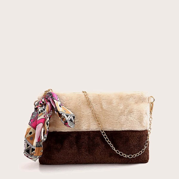 

Random Twilly Scarf Decor Two Tone Fluffy Bag, Coffee brown