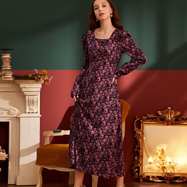 

Flower Print Square Neck Dress, Multicolor hot pink