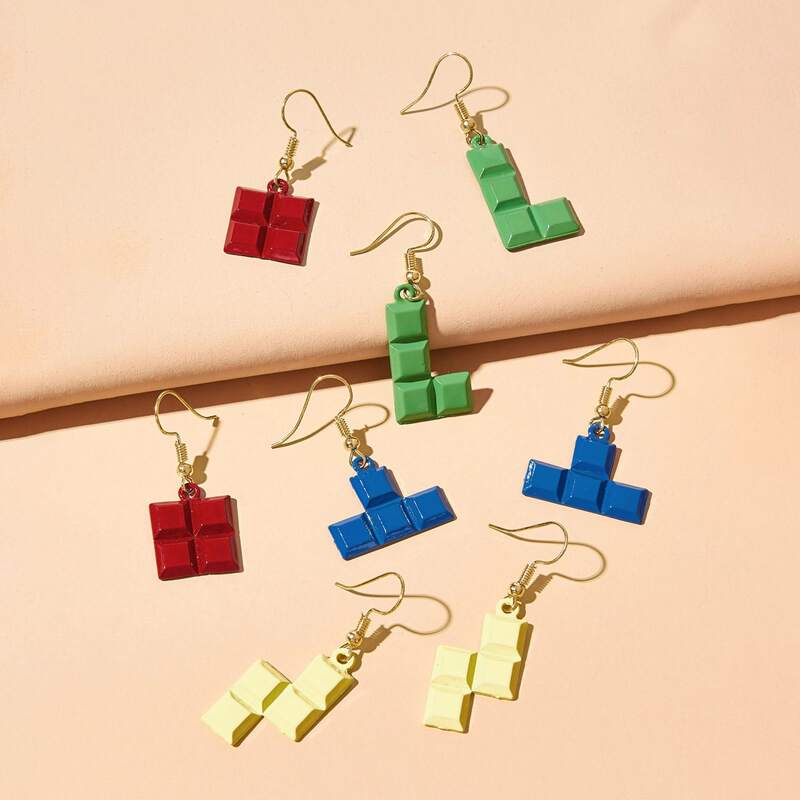 

4pairs Building Blocks Drop Earrings, Multicolor