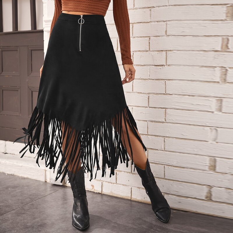 

O-ring Zip Front Fringe Trim Skirt, Black