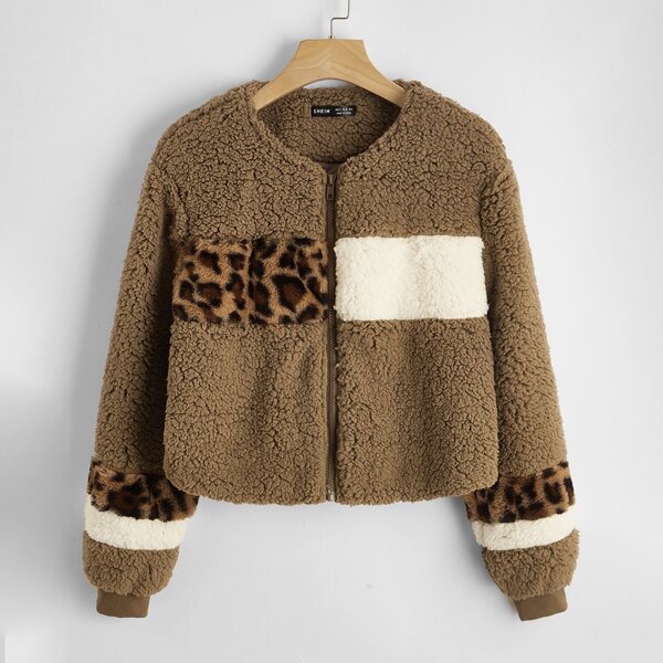 

Leopard Panel Colorblock Zipper Placket Teddy Jacket, Mocha brown