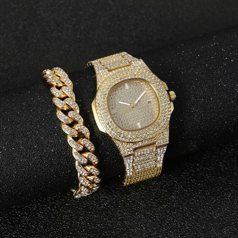 

1pc Guys Rhinestone Decor Watch & 1pc Link Bracelet