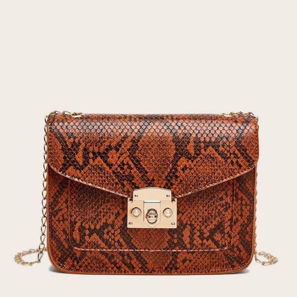 

Snakeskin Print Chain Crossbody Bag, Brown