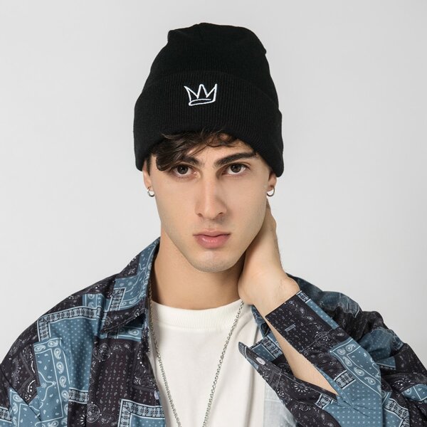 

Men Crown Embroidered Beanie, Black