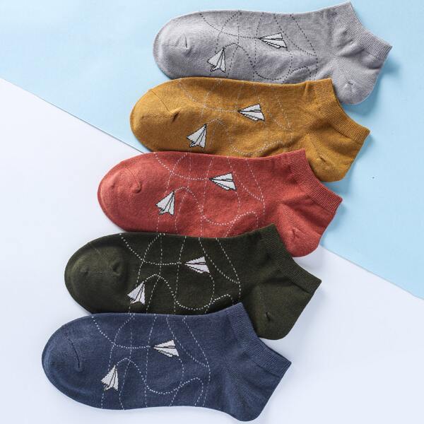 

5pairs Paper Plane Pattern Socks, Multicolor