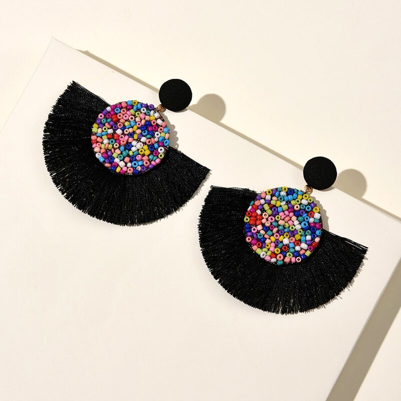 

Bead & Tassel Decor Drop Earrings, Black
