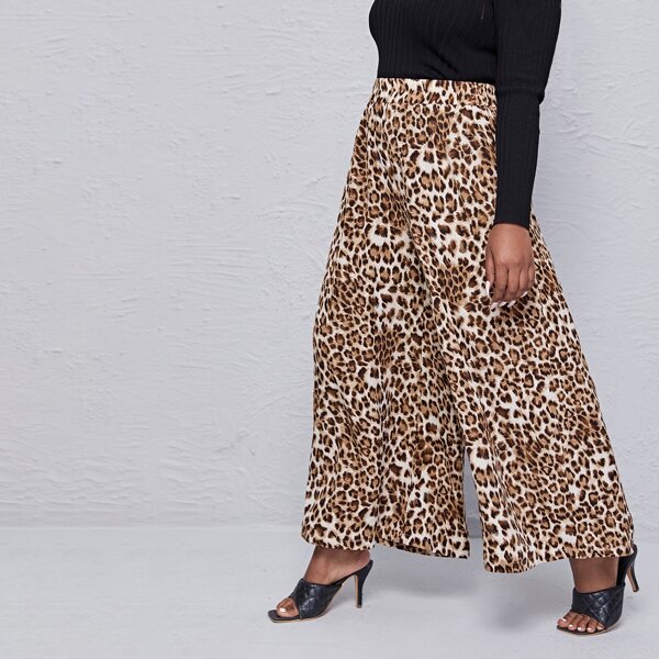 

Plus Leopard Print Wide Leg Pants, Multicolor