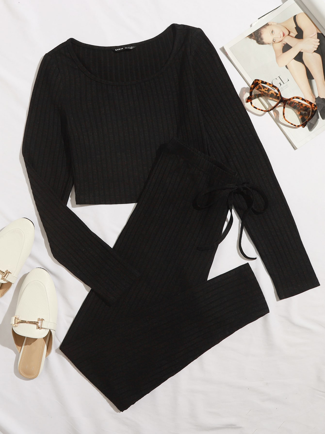 Rib Knit Crop Tee & Drawstring Leggings Set thumbnail
