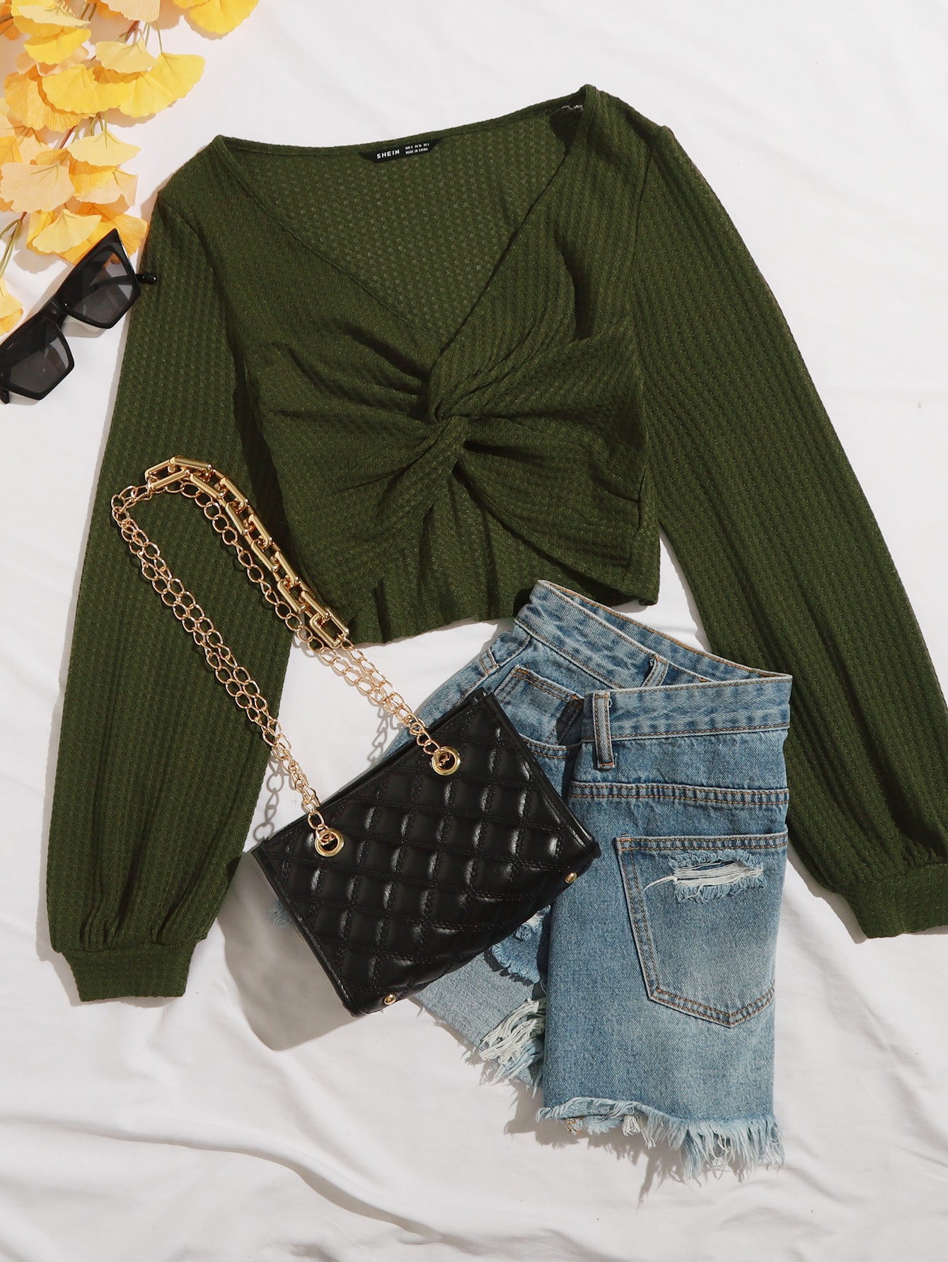 Twist Front Rib-knit Solid Top thumbnail