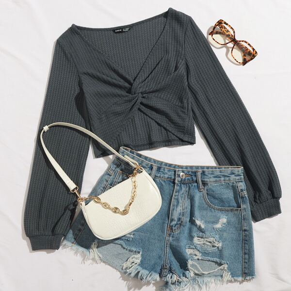 

Twist Front Waffle Knit Solid Top, Dark grey