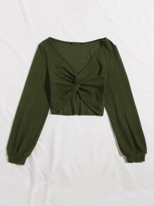 SHEIN EZwear Twist Front Rib-knit Solid Top - Army Green - View 3