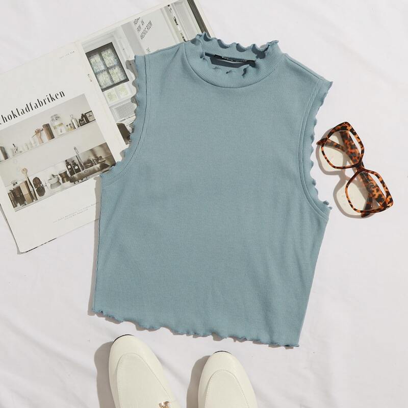 

Lettuce Trim Rib-knit Tank Top, Dusty blue