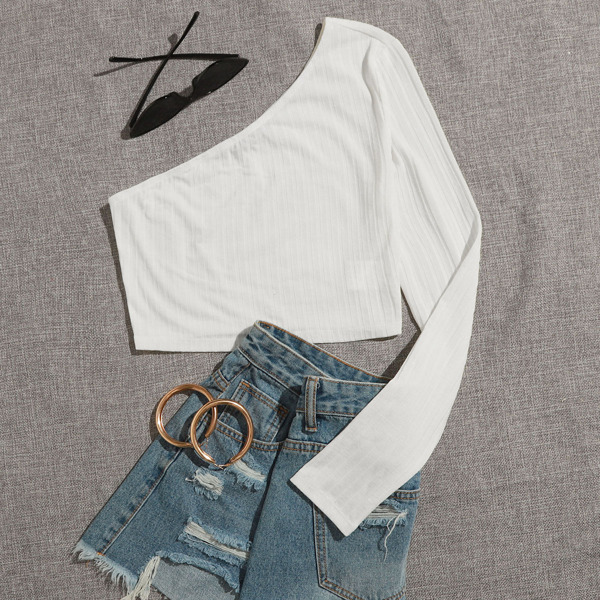 

One Shoulder Crop Tee, White