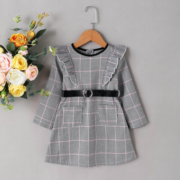 

Toddler Girls Houndstooth Belted Ruffle Trim Dress, Grey