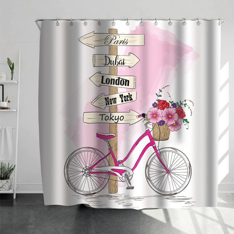 

Bicycle Print Shower Curtain With 12hooks, Multicolor