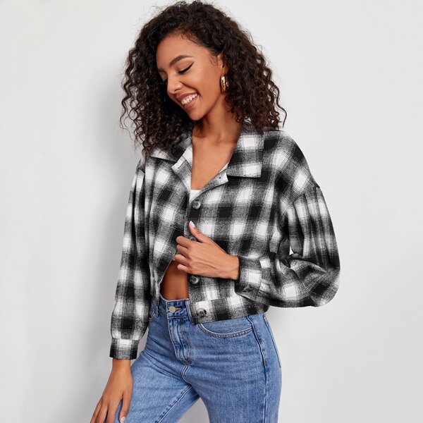 

Plaid Button Up Crop Jacket, Black and white