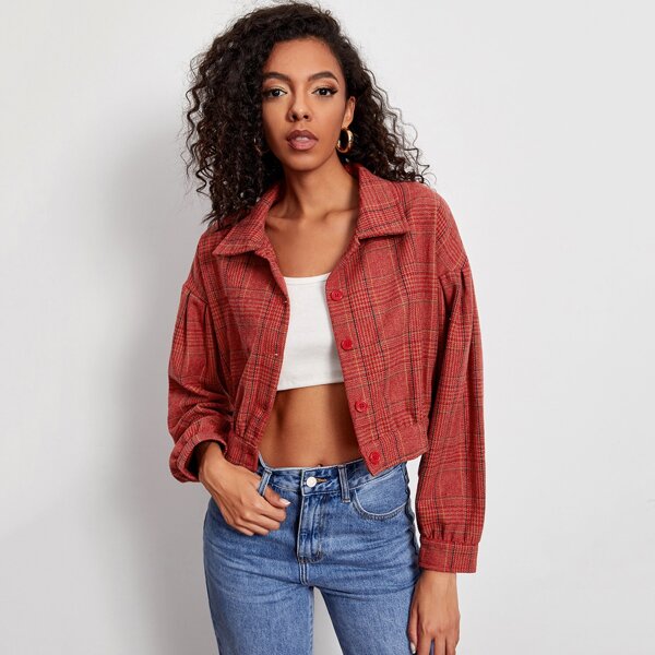 

Plaid Button Up Drop Shoulder Jacket, Red